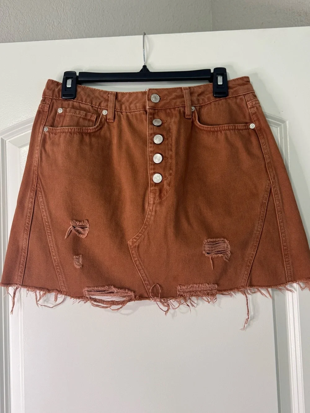 Free People Size 30 We The Free Distressed Boho Denim Jean Mini Skirt Rust 30
